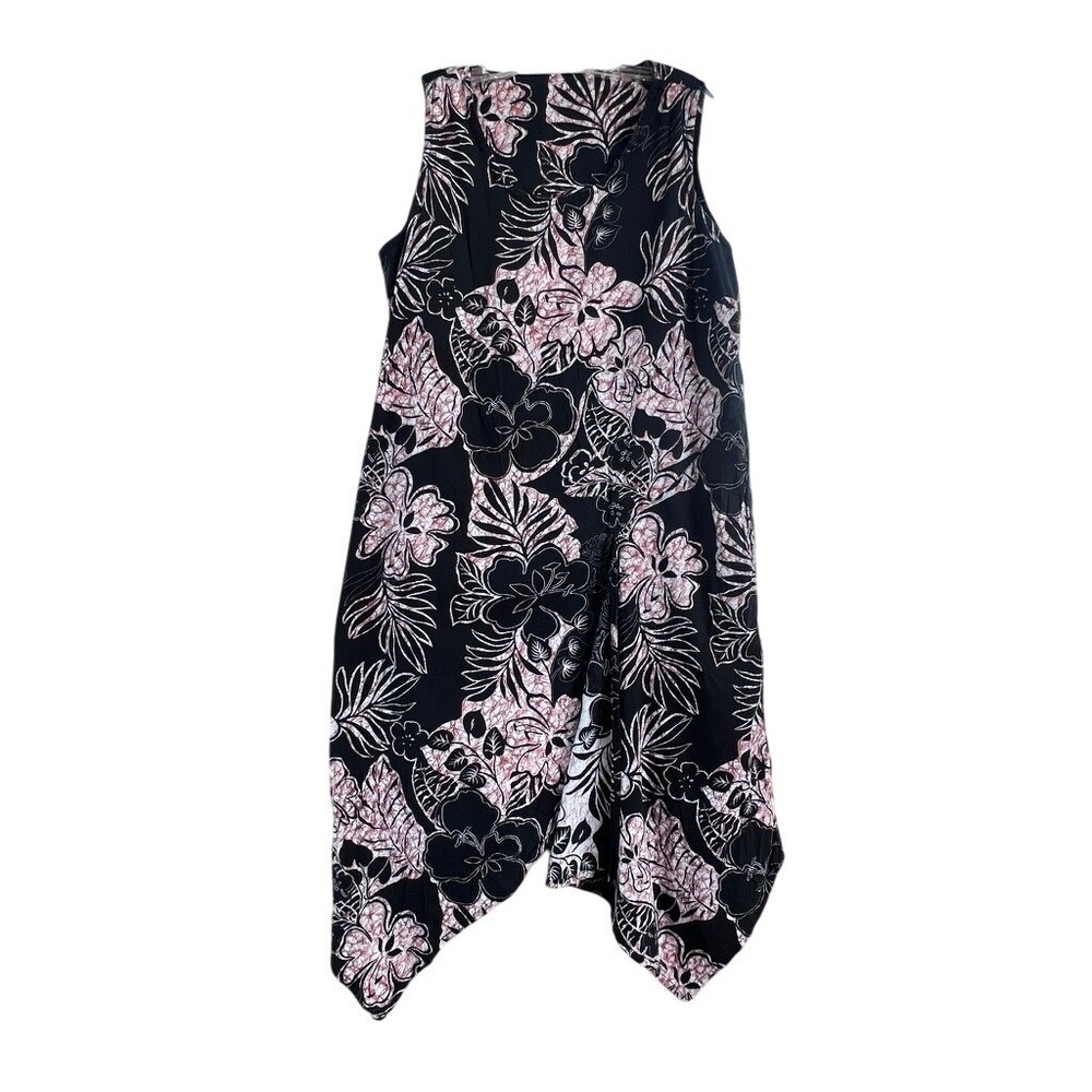 Tiki Palm Tropical Batik Floral Handkerchief Hem Midi Dress Black Pink XLG